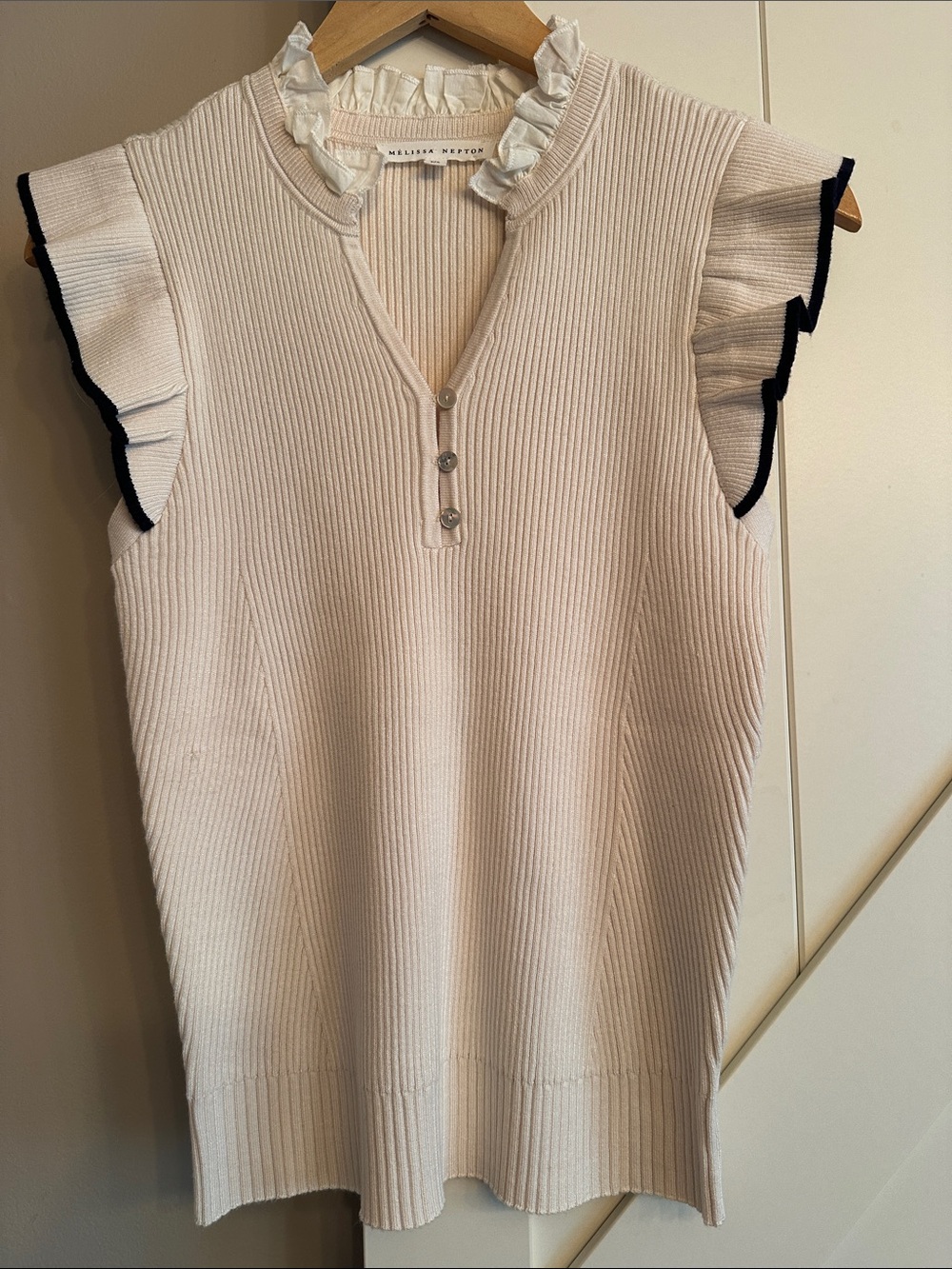 MELISSA NEPTON Cream Ribbed Sleeveless Top with Black-Trim Ruffles